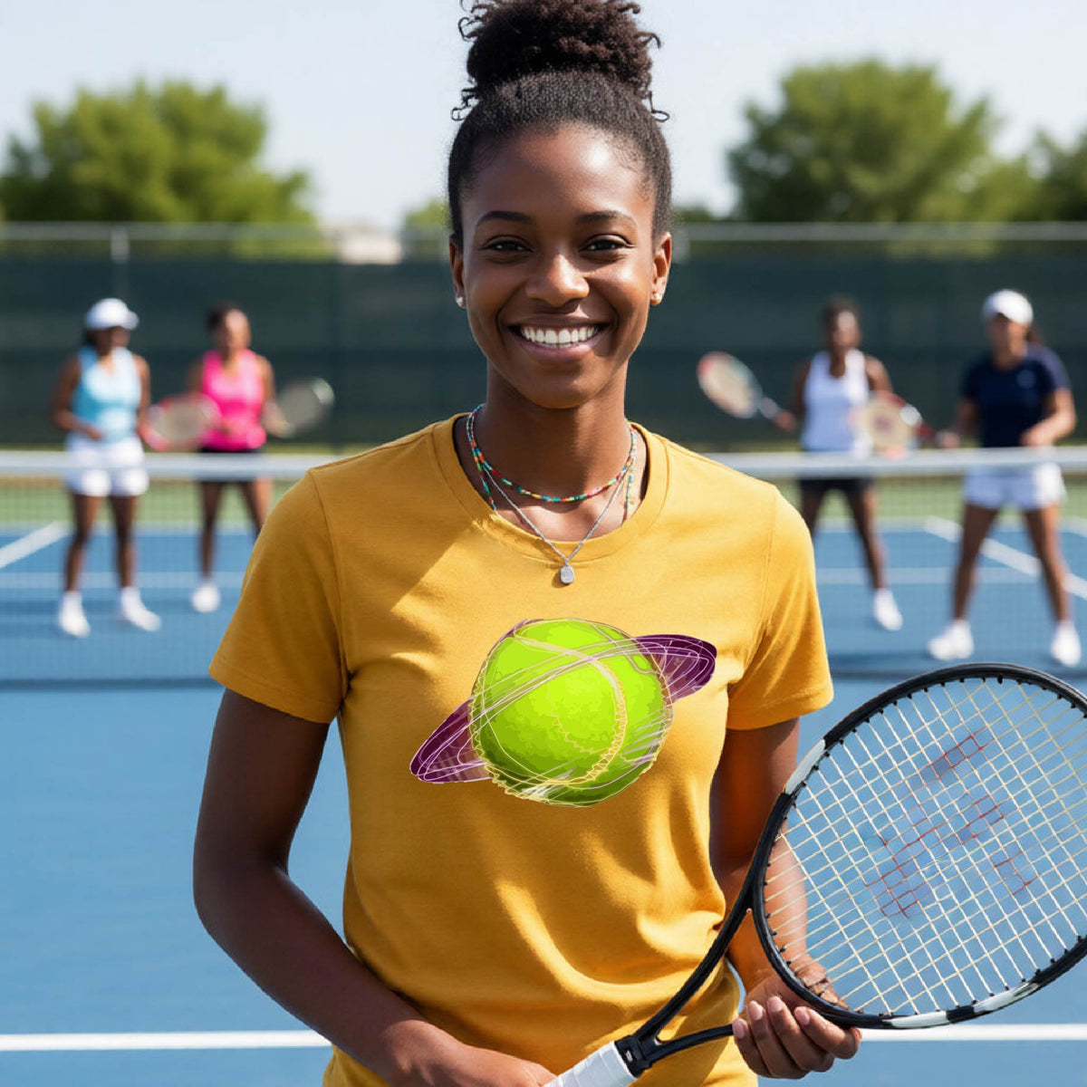 A woman on a tennis court wearing a gold short-sleeve t-shirt with a graphic of a tennis ball in orbit, holding a tennis racket. Other players are visible in the background on the court.
