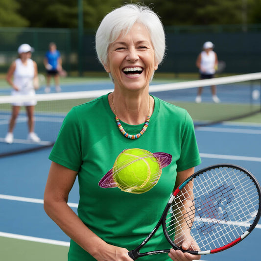 A woman on a tennis court wearing a black short-sleeve t-shirt with a graphic of a tennis ball in orbit, holding a tennis racket. Other players are visible in the background on the court.