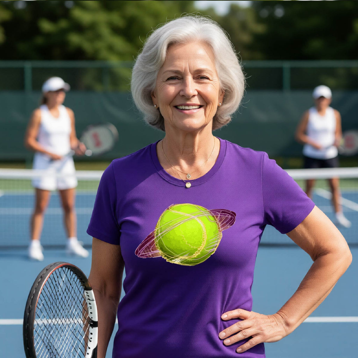 A woman on a tennis court wearing a purple short-sleeve t-shirt with a graphic of a tennis ball in orbit, holding a tennis racket. Other players are visible in the background on the court.