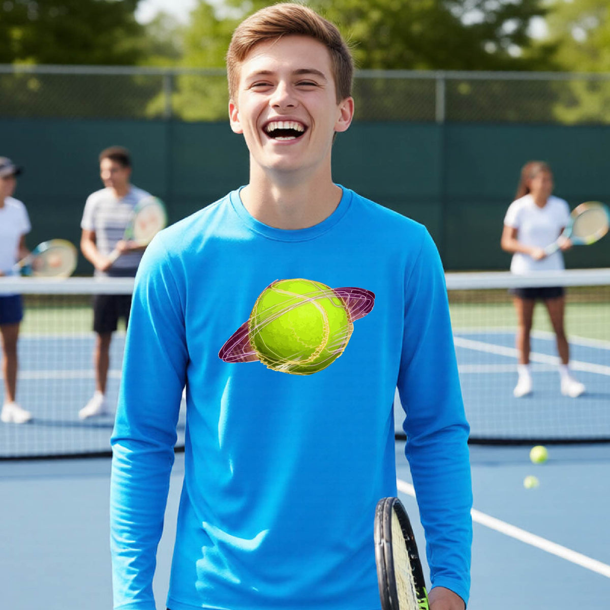 A young person on a tennis court wearing a bright blue long-sleeve t-shirt with a graphic of a tennis ball in orbit, holding a tennis racket. Other players are visible in the background on the court.