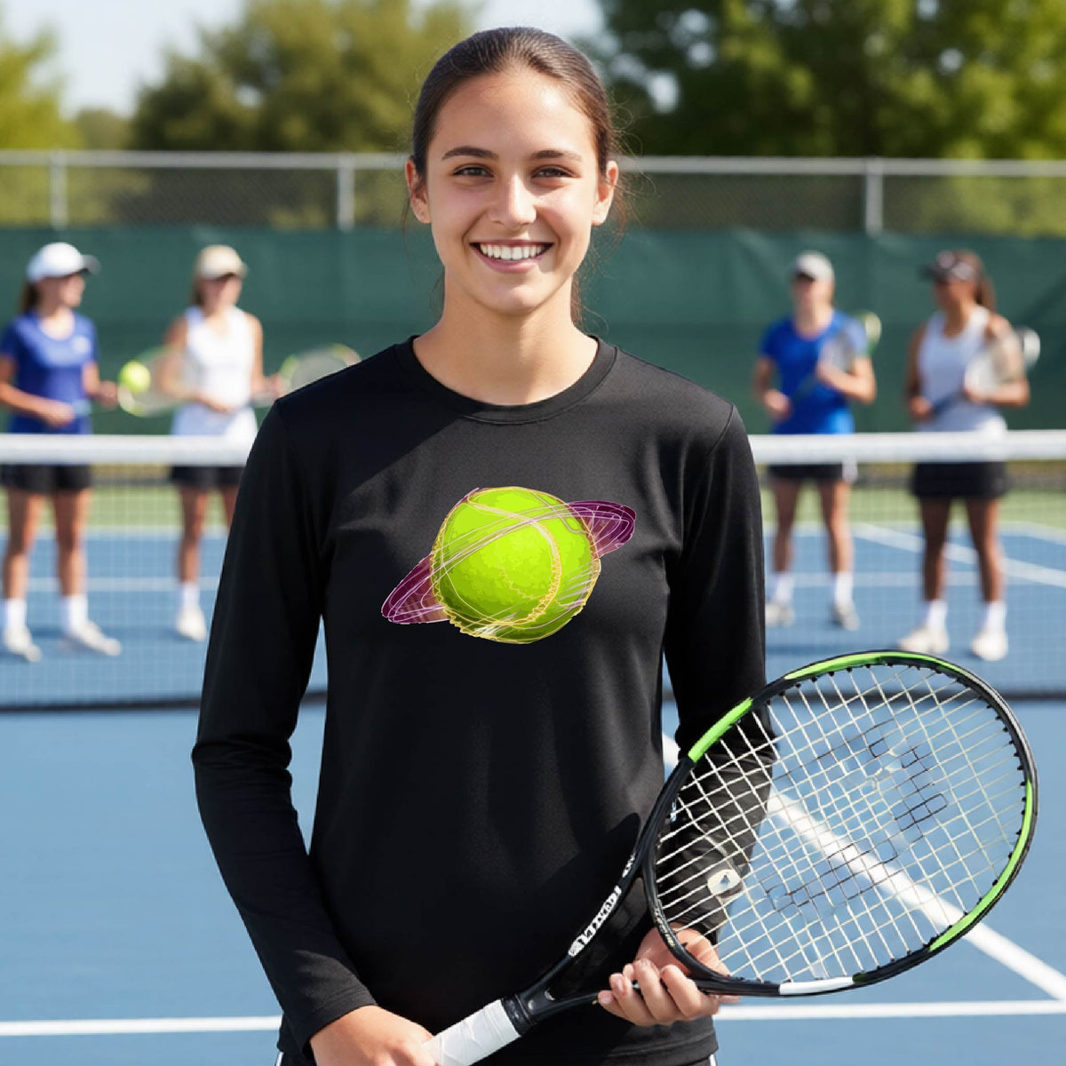 A young person on a tennis court wearing a black long-sleeve t-shirt with a graphic of a tennis ball in orbit, holding a tennis racket. Other players are visible in the background on the court.