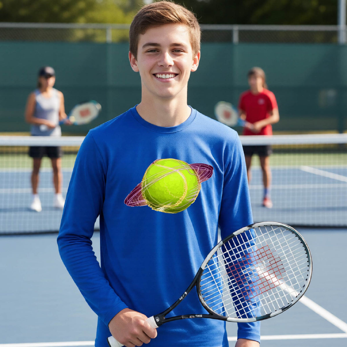 A young person on a tennis court wearing a royal blue long-sleeve t-shirt with a graphic of a tennis ball in orbit, holding a tennis racket. Other players are visible in the background on the court.