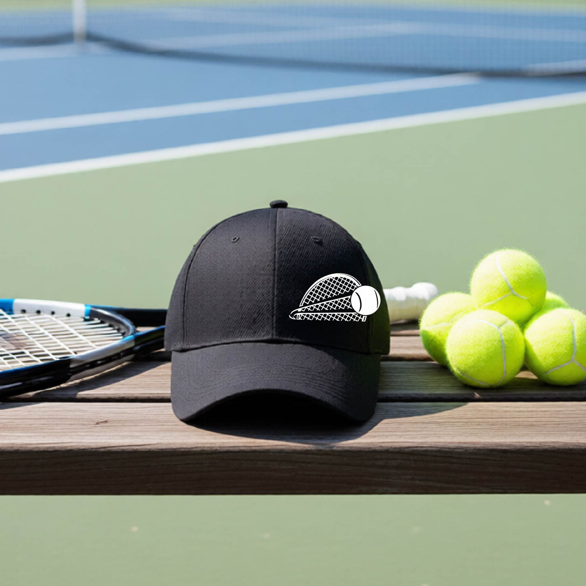 A close-up of a black athletic hat with a white graphic of a half a tennis racquet with a ball streaking over it, on a bench in front of a tennis court.