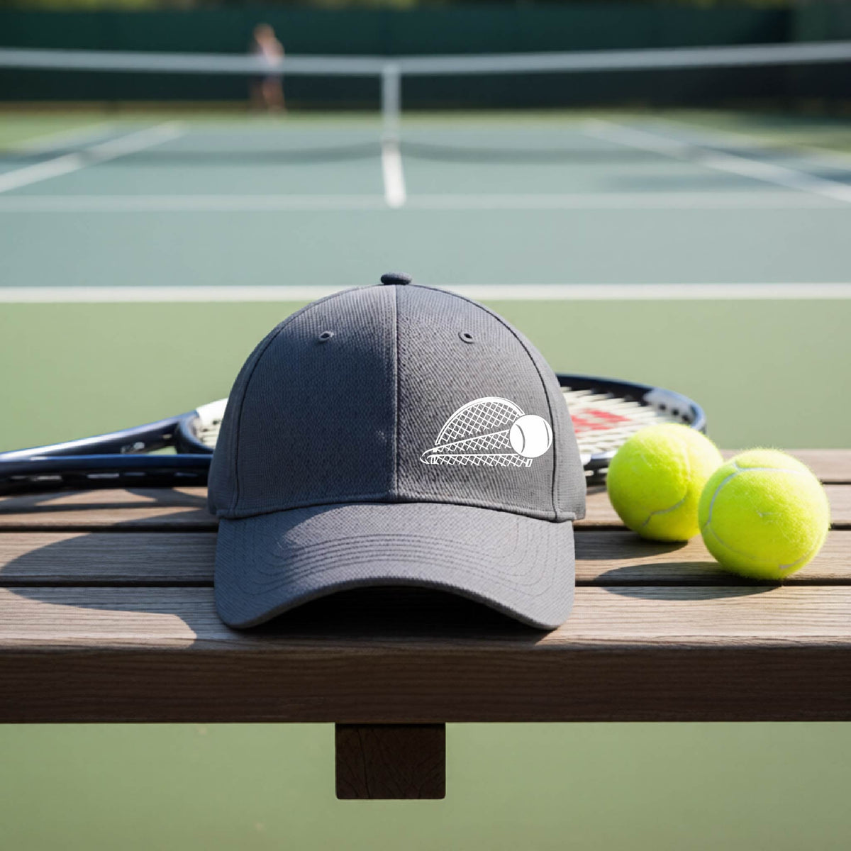 A close-up of a graphite gray athletic hat with a white graphic of a half a tennis racquet with a ball streaking over it, on a bench in front of a tennis court.
