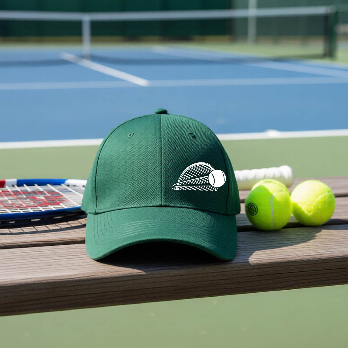A close-up of a green athletic hat with a white graphic of a half a tennis racquet with a ball streaking over it, on a bench in front of a tennis court.