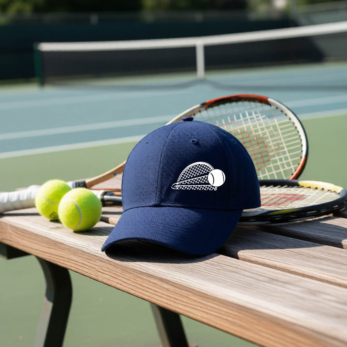 A close-up of a navy blue athletic hat with a white graphic of a half a tennis racquet with a ball streaking over it, on a bench in front of a tennis court.