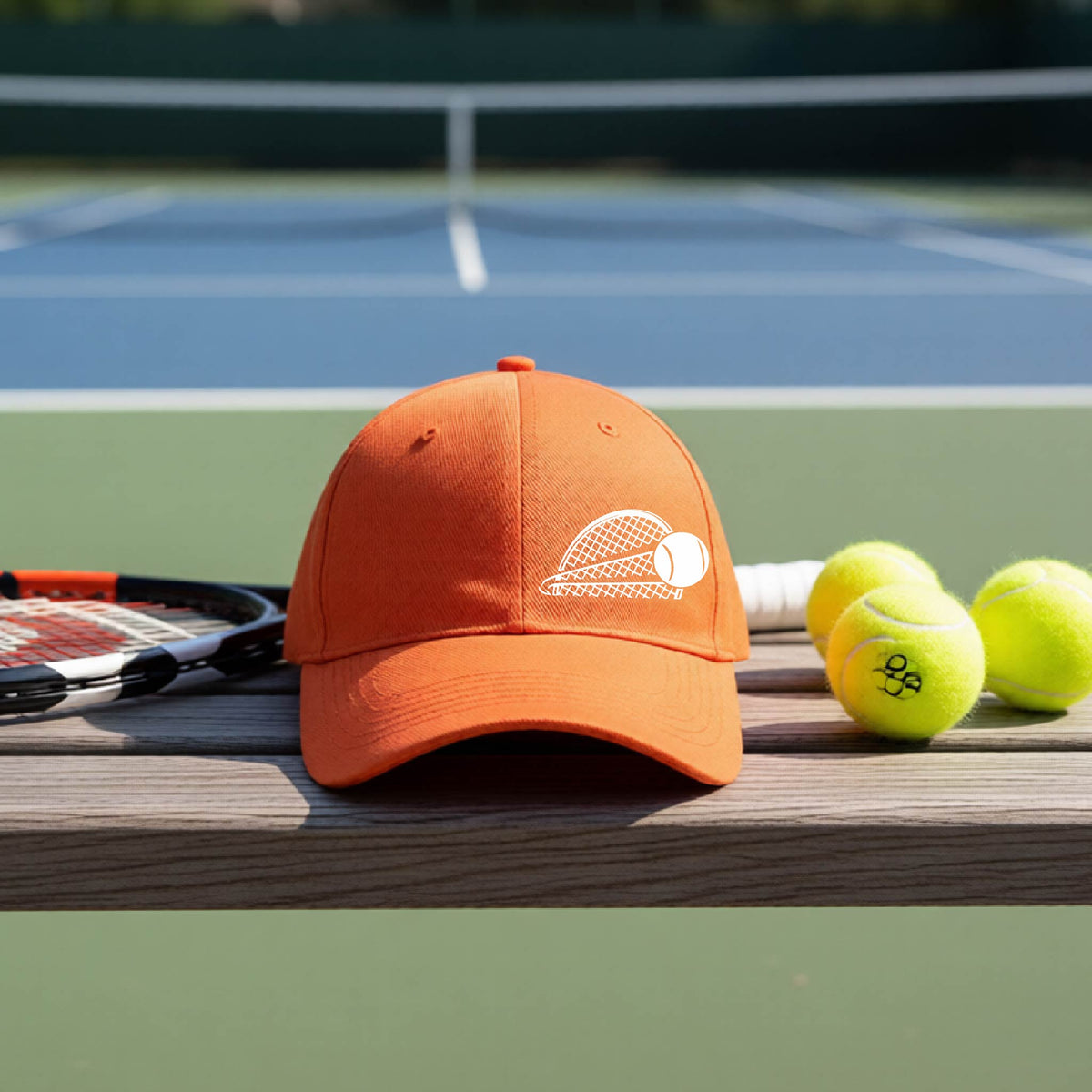 A close-up of an orange athletic hat with a white graphic of a half a tennis racquet with a ball streaking over it, on a bench in front of a tennis court.