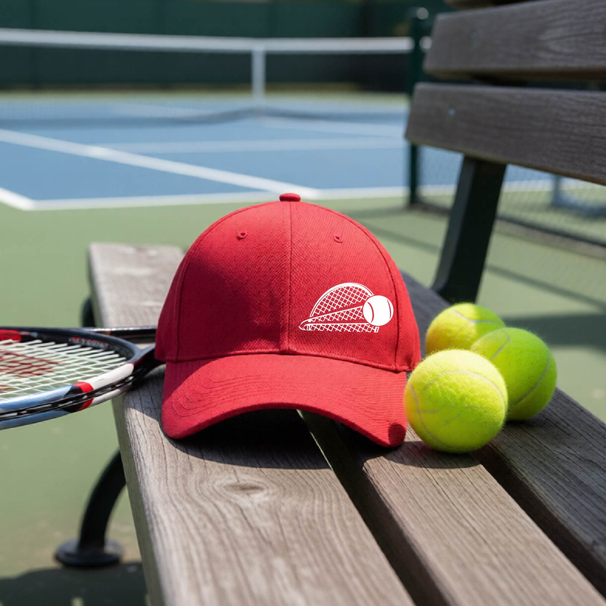 A close-up of a red athletic hat with a white graphic of a half a tennis racquet with a ball streaking over it, on a bench in front of a tennis court.
