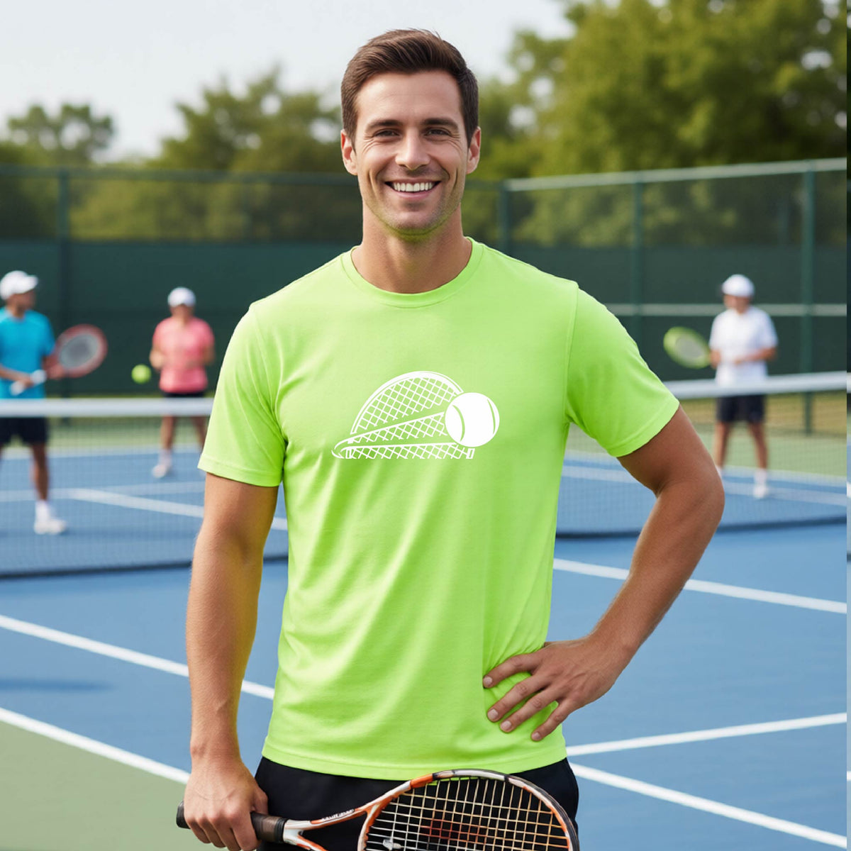 A man on a blue tennis court holds a tennis racket and wears a lime green short-sleeve T-shirt with a white graphic of a half a tennis racquet with a ball streaking over it. 