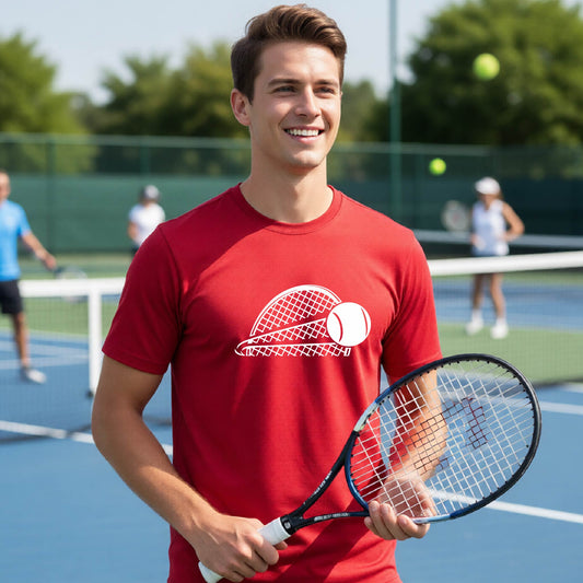A man on a blue tennis court holds a tennis racket and wears a red short-sleeve T-shirt with a white graphic of a half a tennis racquet with a ball streaking over it. 