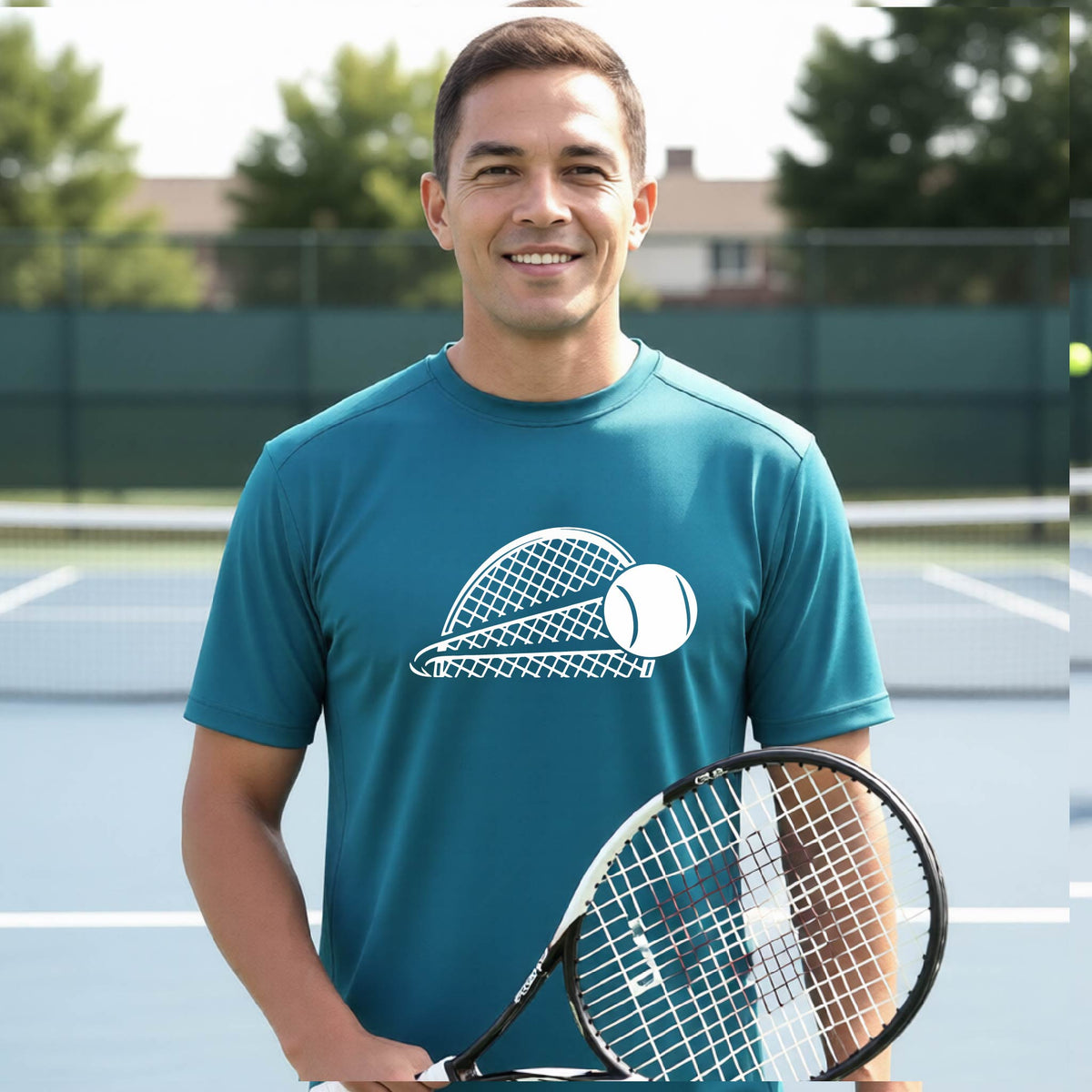 A man on a blue tennis court holds a tennis racket and wears a teal short-sleeve T-shirt with a white graphic of a half a tennis racquet with a ball streaking over it. 