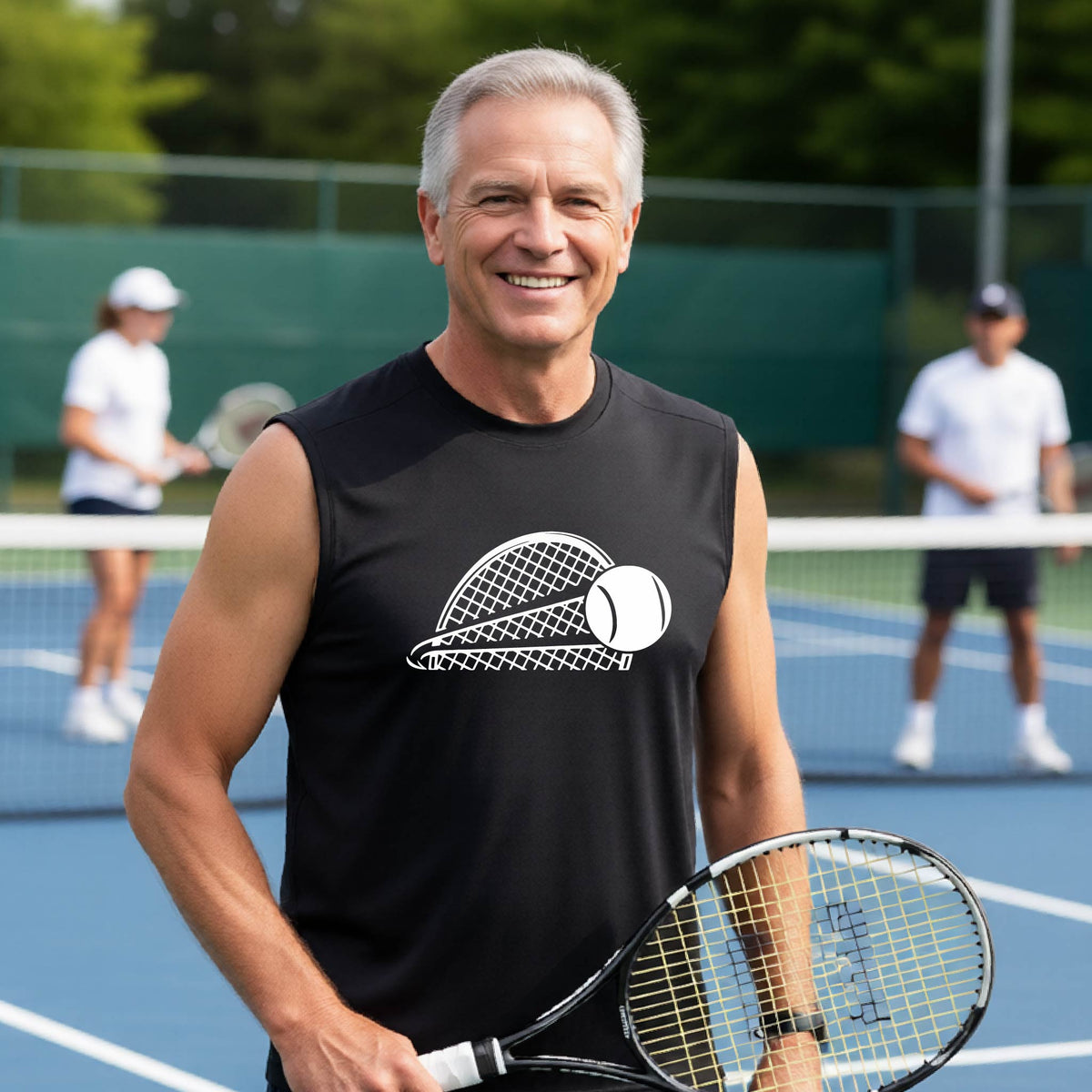 A man on a blue tennis wearing a black sleeveless T-shirt with a white graphic of half a tennis racquet with a ball streaking over it. 