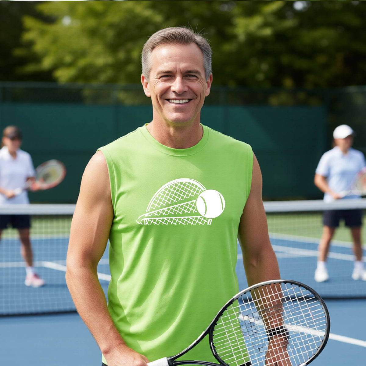 A man on a blue tennis wearing a lime green sleeveless T-shirt with a white graphic of half a tennis racquet with a ball streaking over it. 