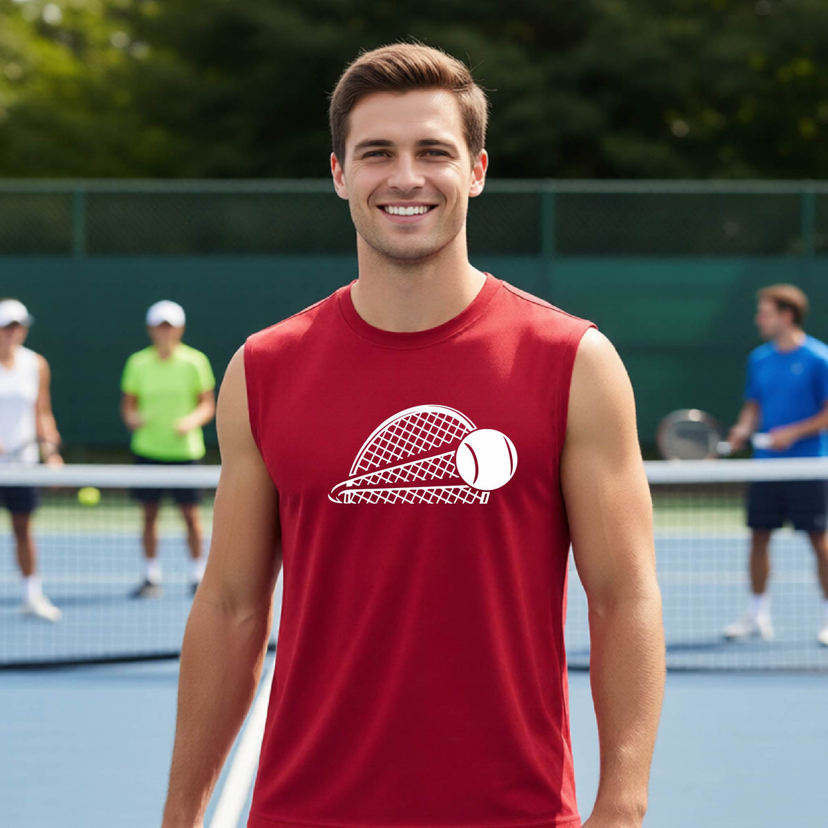 A man on a blue tennis wearing a red sleeveless T-shirt with a white graphic of half a tennis racquet with a ball streaking over it. 