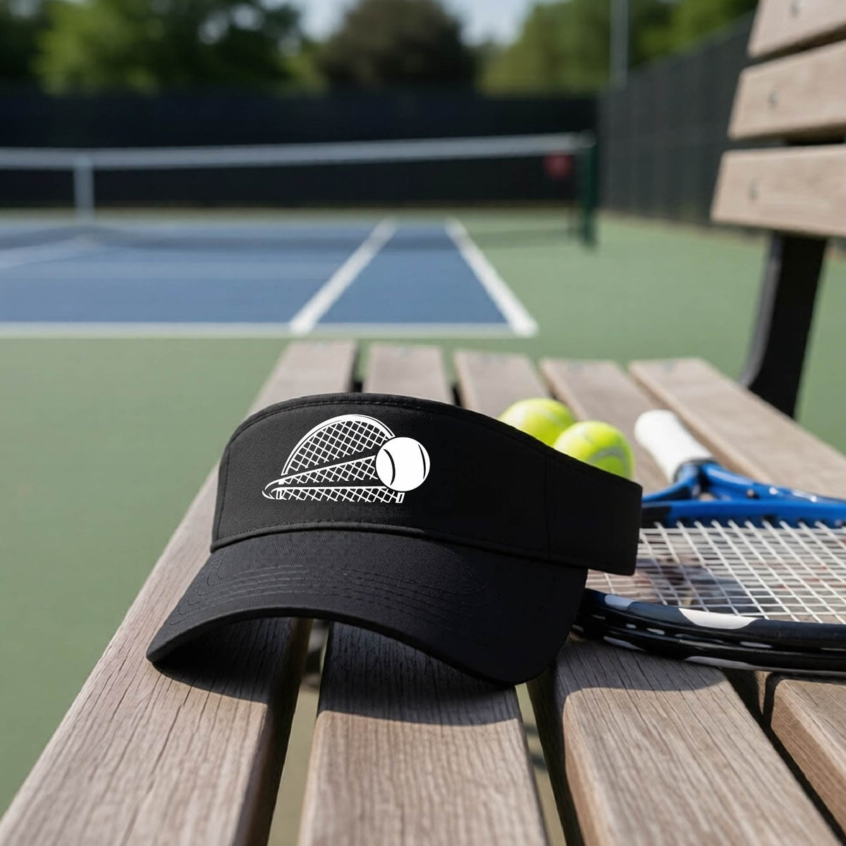 A close-up of a black athletic visor with a white graphic of a half a tennis racquet with a ball streaking over it, on a bench in front of a tennis court. 