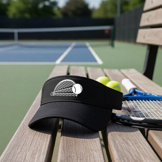 A close-up of a black athletic visor with a white graphic of a half a tennis racquet with a ball streaking over it, on a bench in front of a tennis court. 