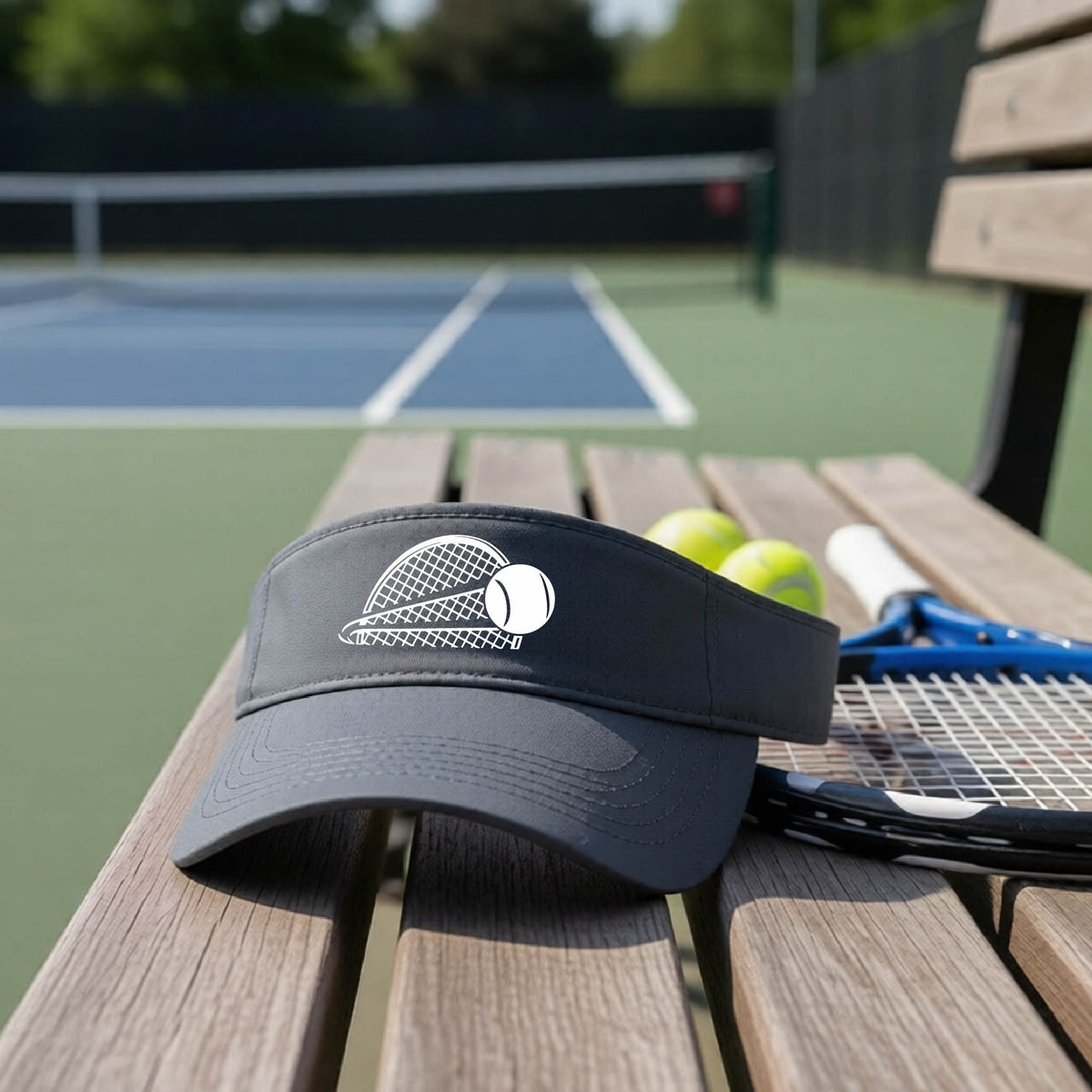 A close-up of a dark gray athletic visor with a white graphic of a half a tennis racquet with a ball streaking over it, on a bench in front of a tennis court. 