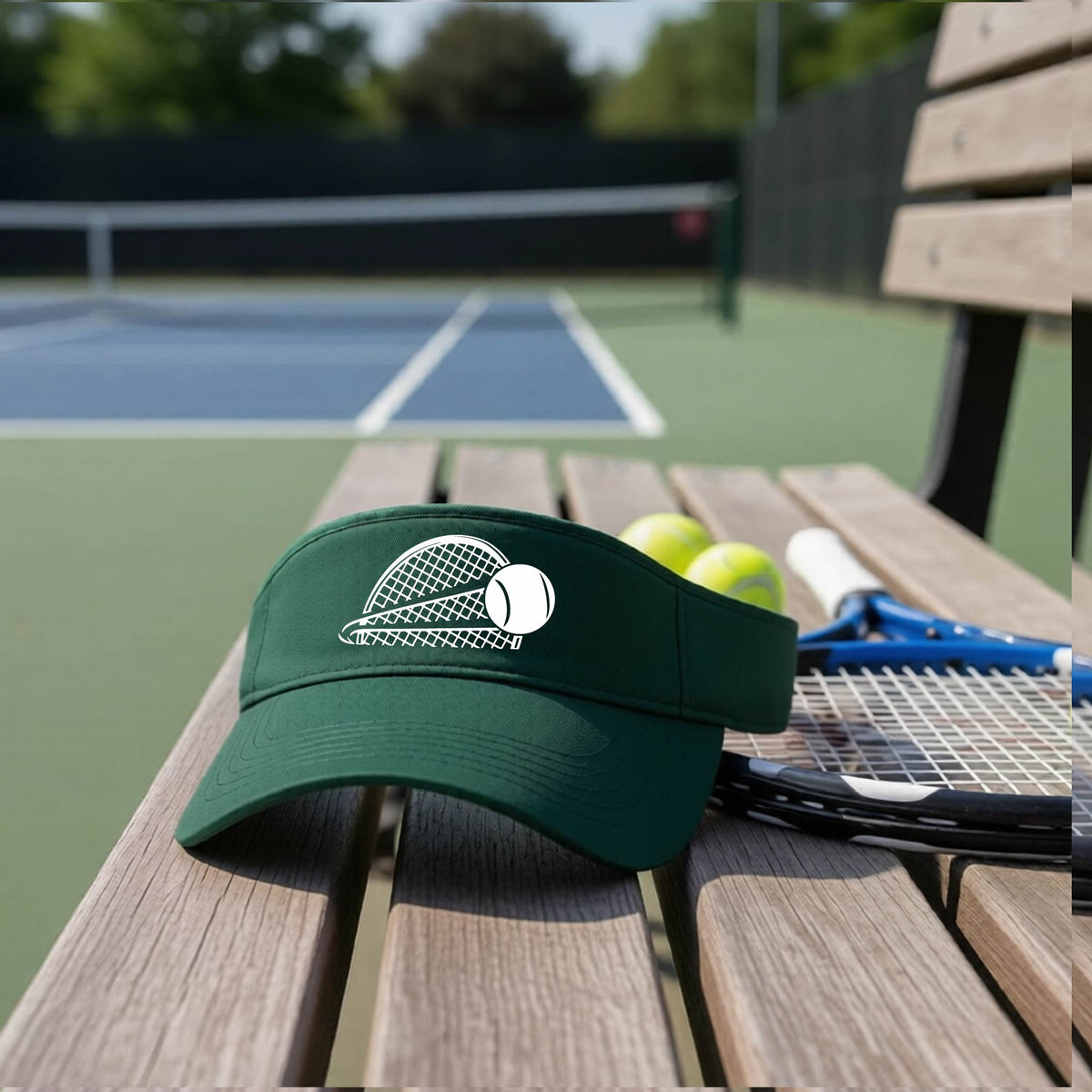 A close-up of a green athletic visor with a white graphic of a half a tennis racquet with a ball streaking over it, on a bench in front of a tennis court. 