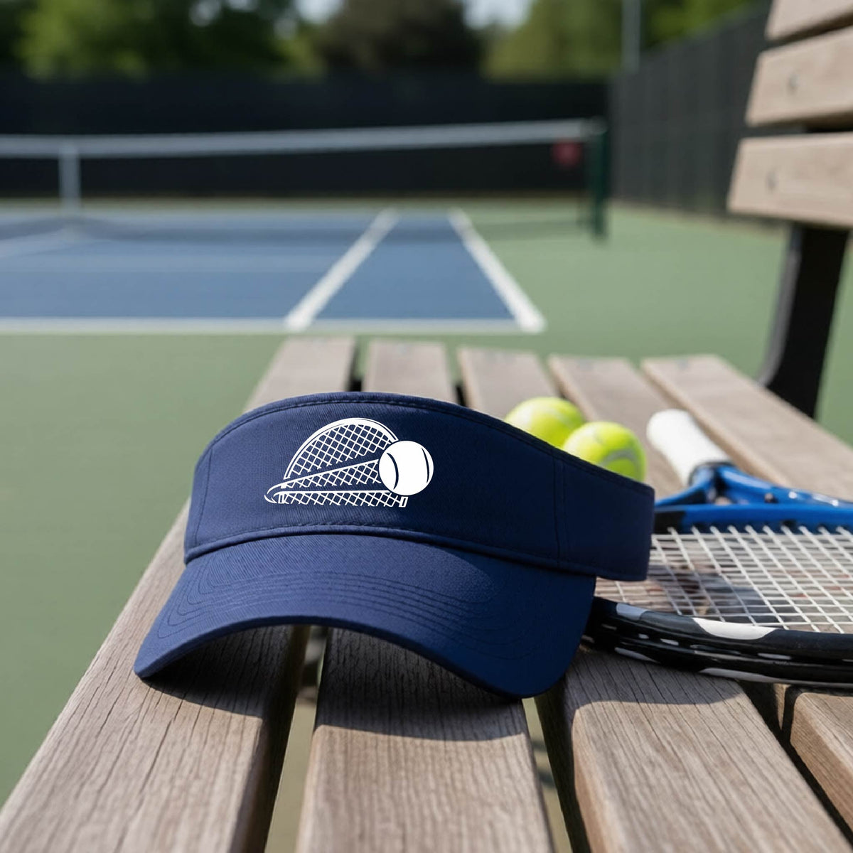 A close-up of a navy blue athletic visor with a white graphic of a half a tennis racquet with a ball streaking over it, on a bench in front of a tennis court. 