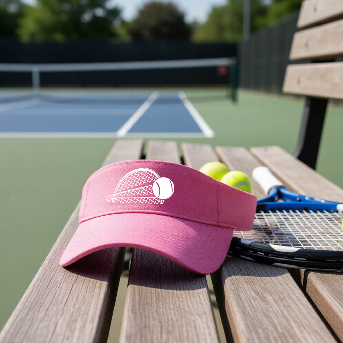 A close-up of a pink athletic visor with a white graphic of a half a tennis racquet with a ball streaking over it, on a bench in front of a tennis court. 