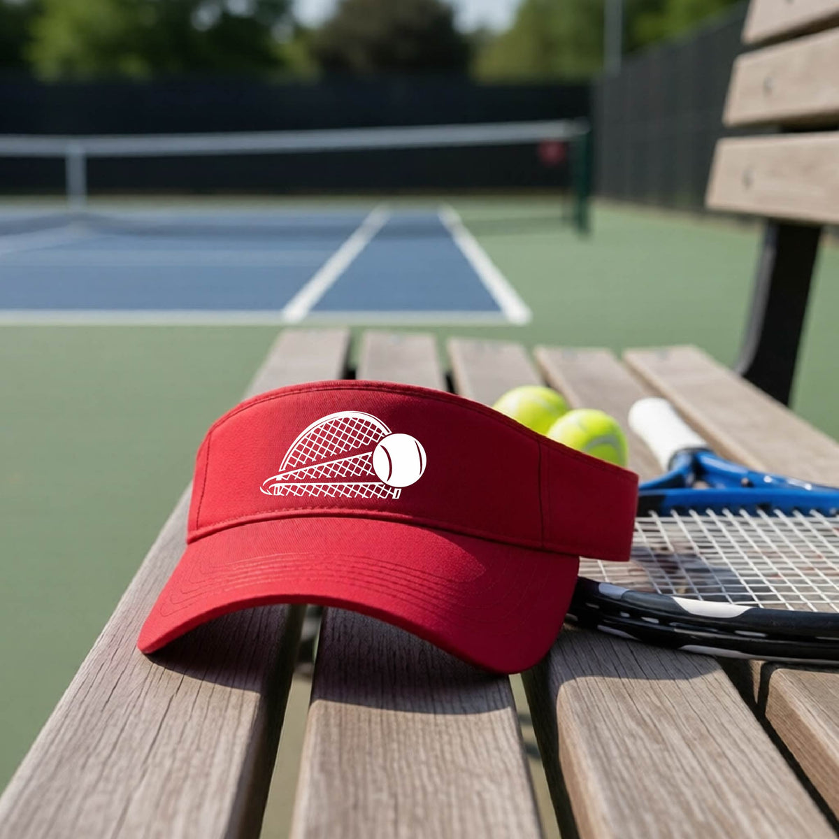 A close-up of a red athletic visor with a white graphic of a half a tennis racquet with a ball streaking over it, on a bench in front of a tennis court. 