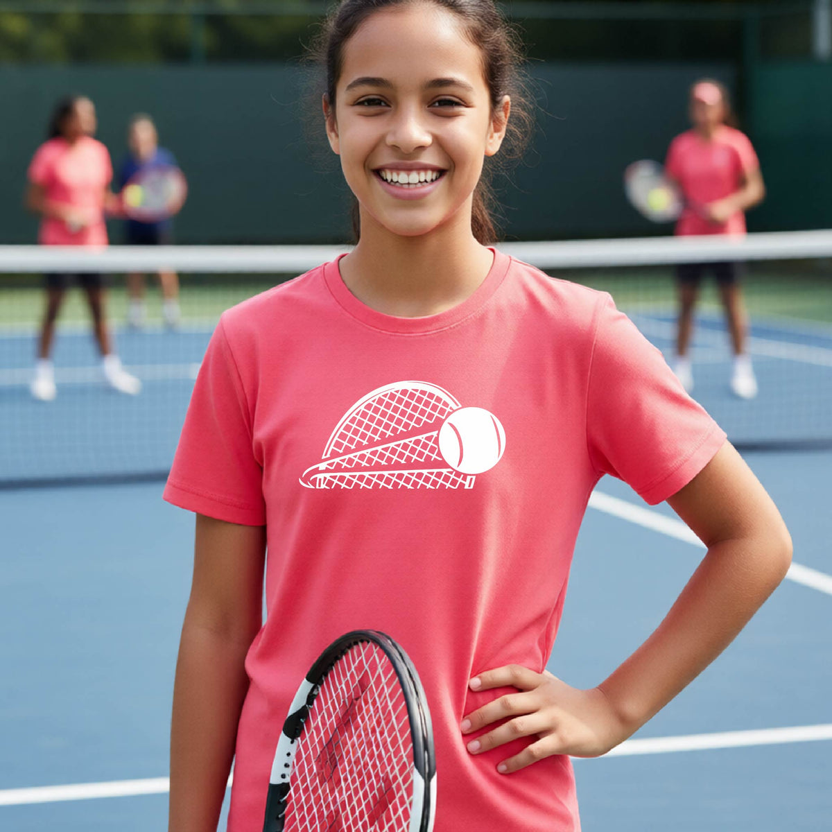 A young person  on a blue tennis court holds a tennis racket and wears a coral colored short-sleeve T-shirt with a white graphic of a half a tennis racquet with a ball streaking over it. 