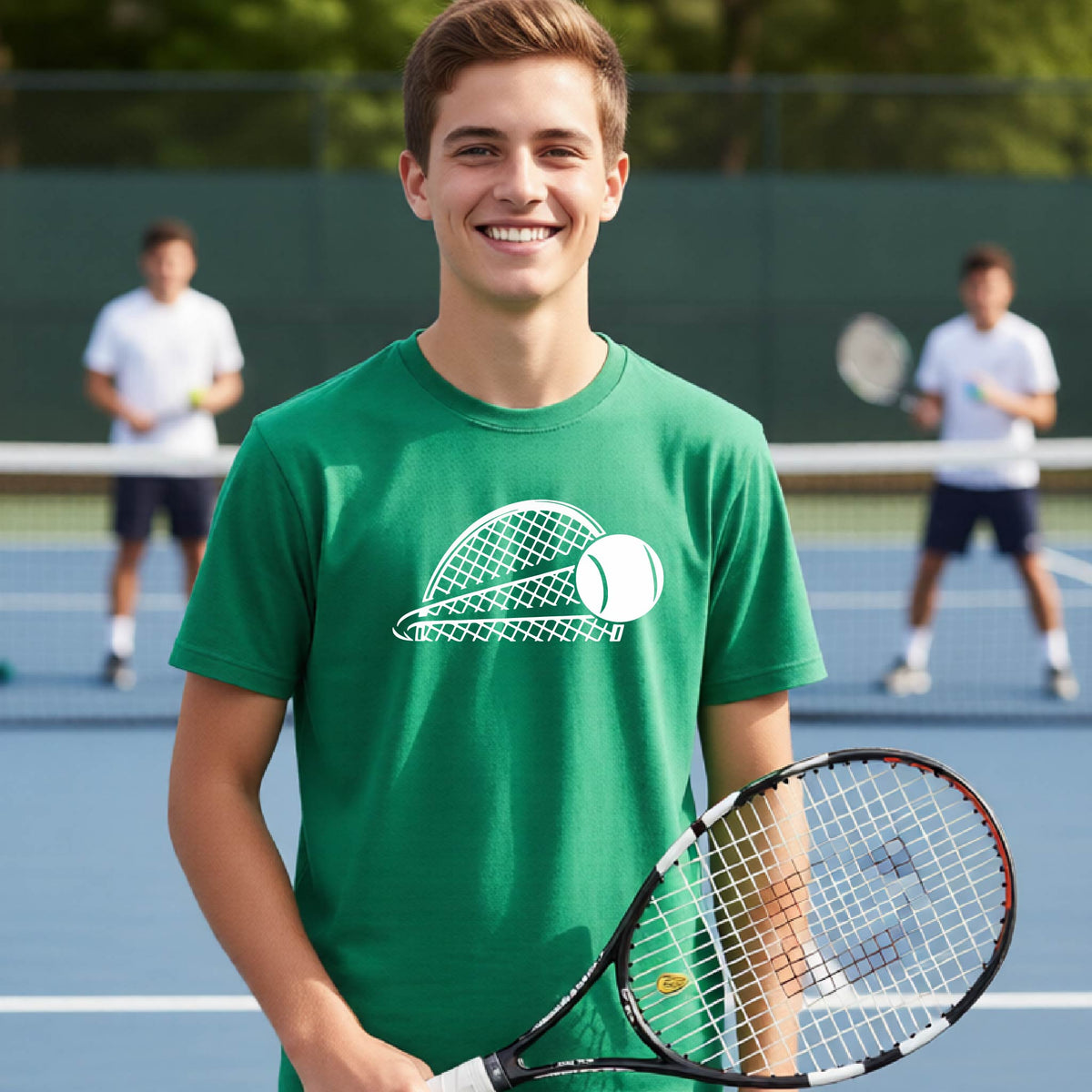 A young person  on a blue tennis court holds a tennis racket and wears a green short-sleeve T-shirt with a white graphic of a half a tennis racquet with a ball streaking over it. 