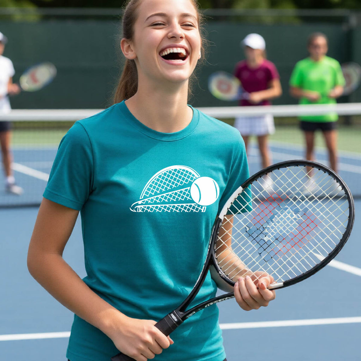 A young person  on a blue tennis court holds a tennis racket and wears a teal short-sleeve T-shirt with a white graphic of a half a tennis racquet with a ball streaking over it. 