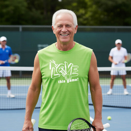 An older man with white hair stands on a tennis court wearing a bright lime green sleeveless t-shirt with the graphic text 'I LOVE this game!'. He is holding a tennis racket, with other players and a tennis court visible in the background.