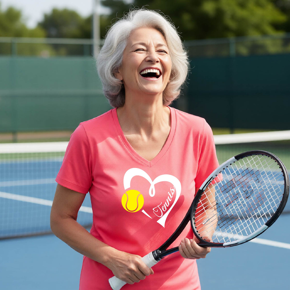An older woman with gray hair laughing on a tennis court, wearing a pink V-neck athletic shirt with a white heart, yellow tennis ball, and the name 'Tennis' printed on the front, while holding a black tennis racket.