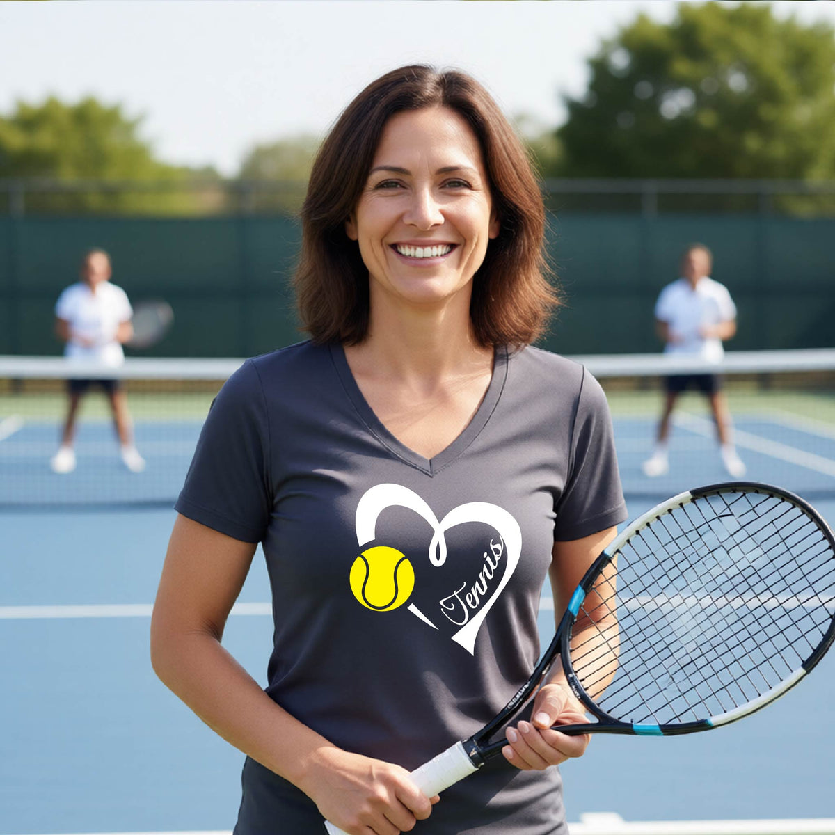 A smiling woman on a tennis court wearing a dark gray v-neck t-shirt with a white heart, yellow tennis ball, and the word 'Tennis' printed on the front. She is holding a tennis racket, with other players blurred in the background.