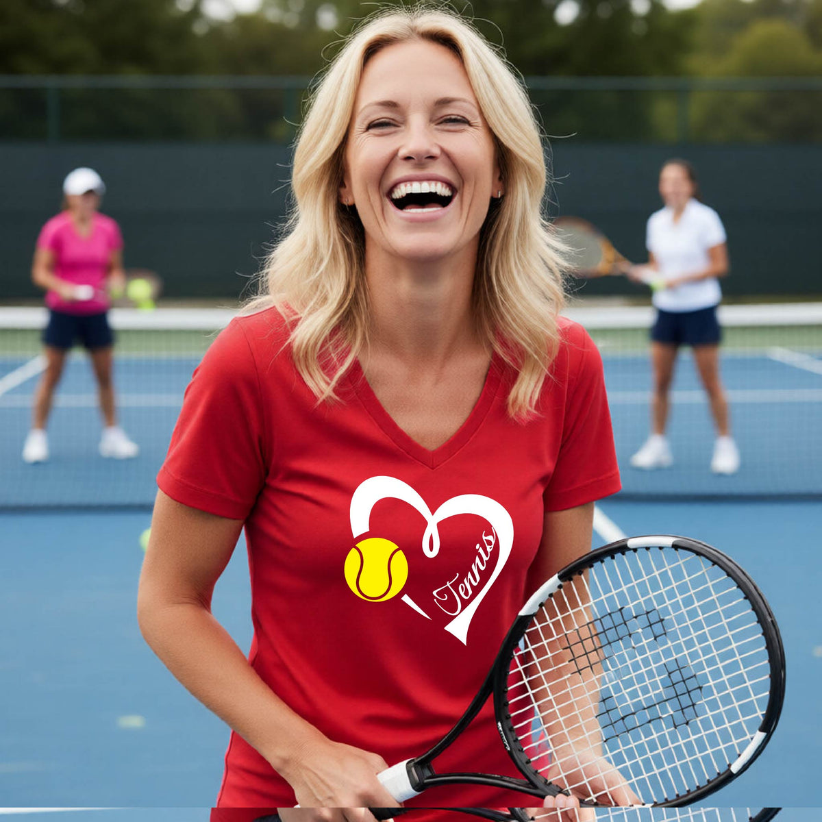 A smiling blonde woman on a blue tennis court wearing a red V-neck t-shirt with a white heart outline, a yellow tennis ball graphic, and the word 'Tennis' in script. She is holding a tennis racket, with other players blurred in the background.
