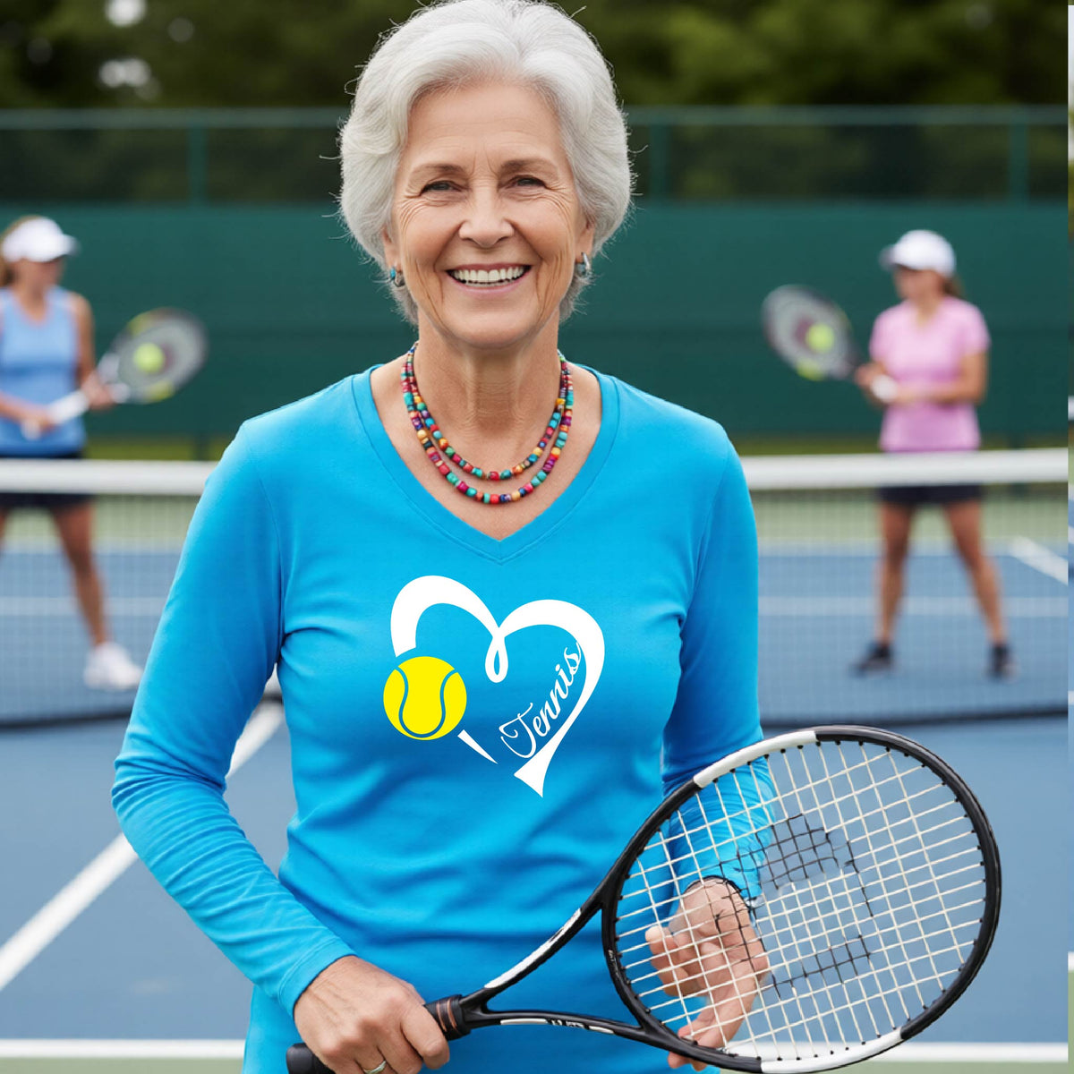 A smiling senior woman with white hair stands on a tennis court holding a racket, wearing a bright blue long-sleeve V-neck shirt with a white heart outline, a yellow tennis ball graphic, and the word 'Tennis' printed on the front. Two other players are blurred in the background.