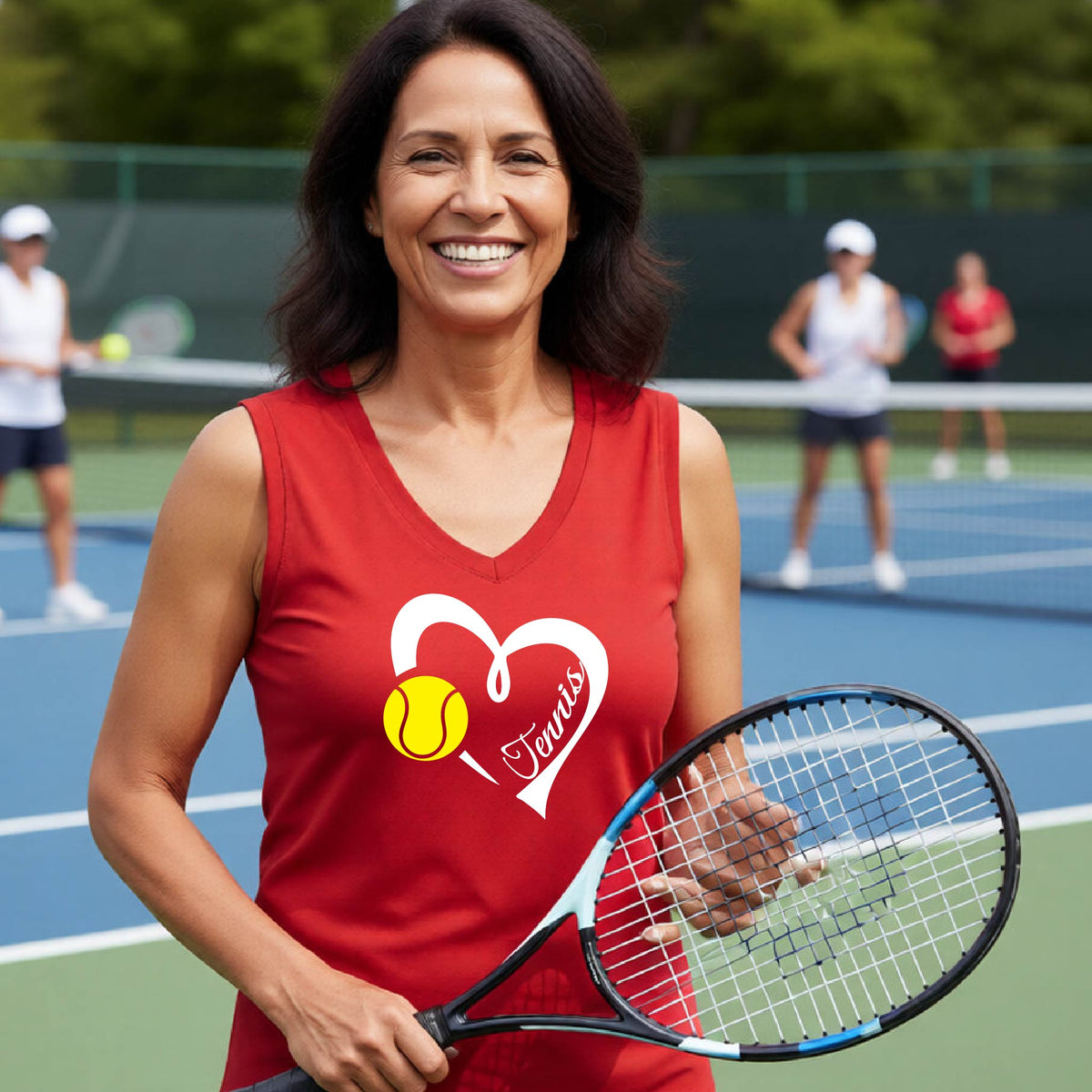 A smiling woman on an outdoor tennis court wearing a red sleeveless tank top with a white heart, tennis ball, and the word 'TENNIS' printed on the front, while holding a tennis racket.