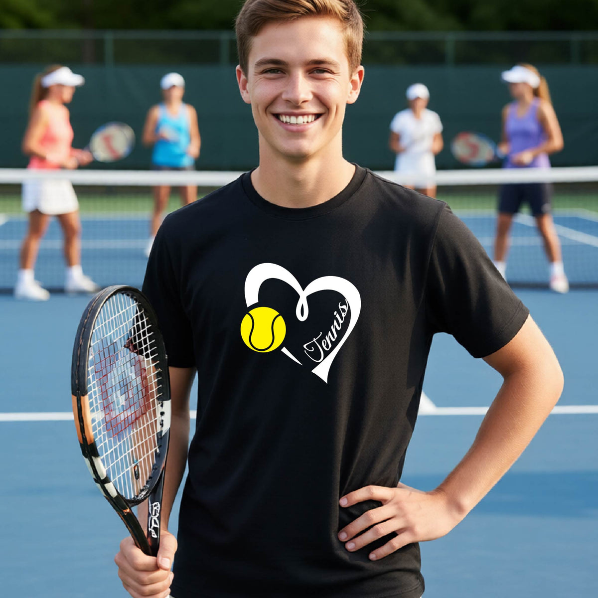 A smiling young man on a blue tennis court wearing a black t-shirt with a white heart-shaped graphic, a yellow tennis ball, and the name 'Tennis' in script. He is holding a tennis racket, with other players blurred in the background.