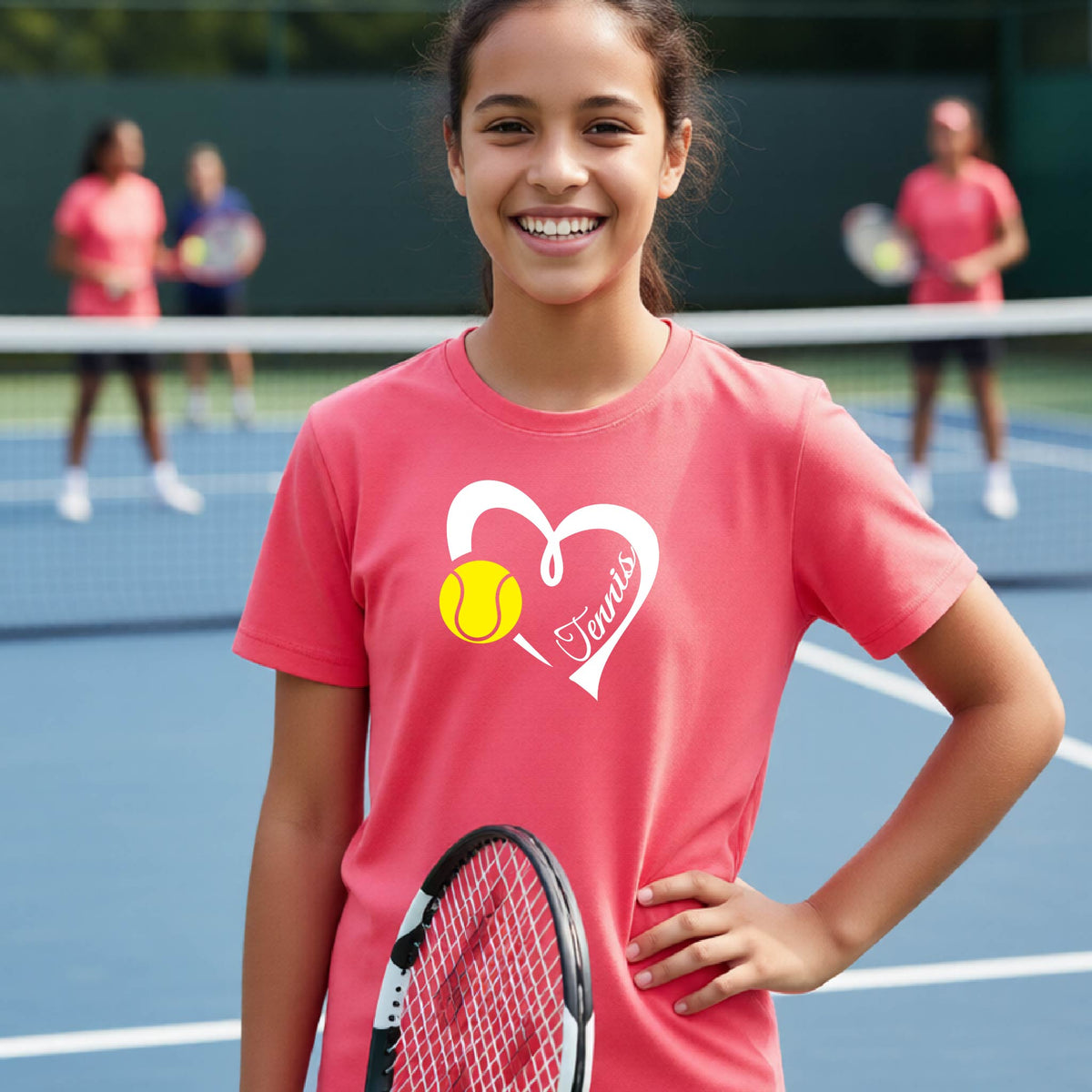 A smiling young tennis player wearing a coral pink t-shirt with a white heart graphic, a yellow tennis ball, and the name 'Tennis' printed on the front, holding a tennis racket on a blue tennis court with teammates blurred in the background.