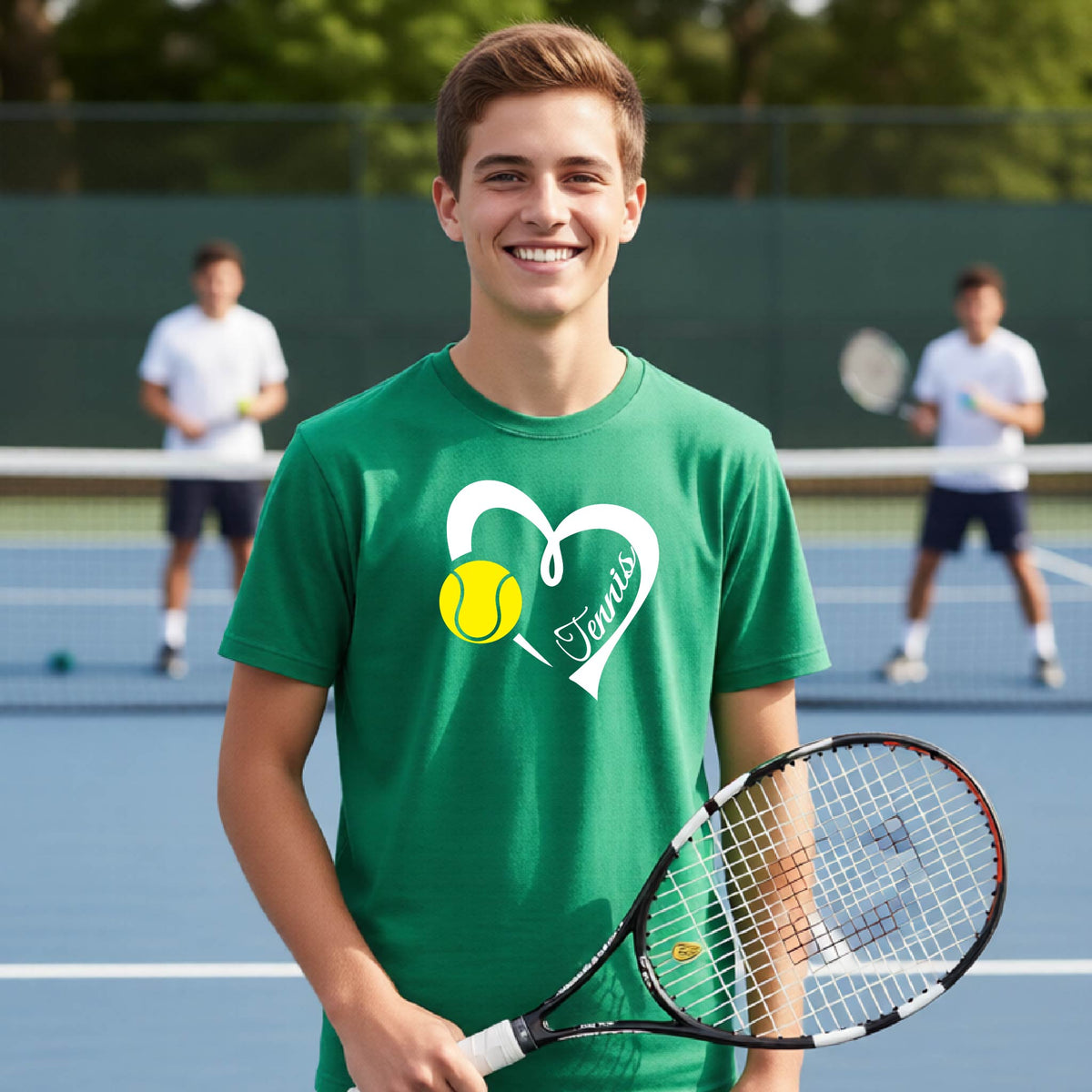 A smiling young man on a tennis court wearing a green T-shirt with a white heart outline, a yellow tennis ball graphic, and the name 'Tennis' in script. He is holding a tennis racket, with other players blurred in the background.
