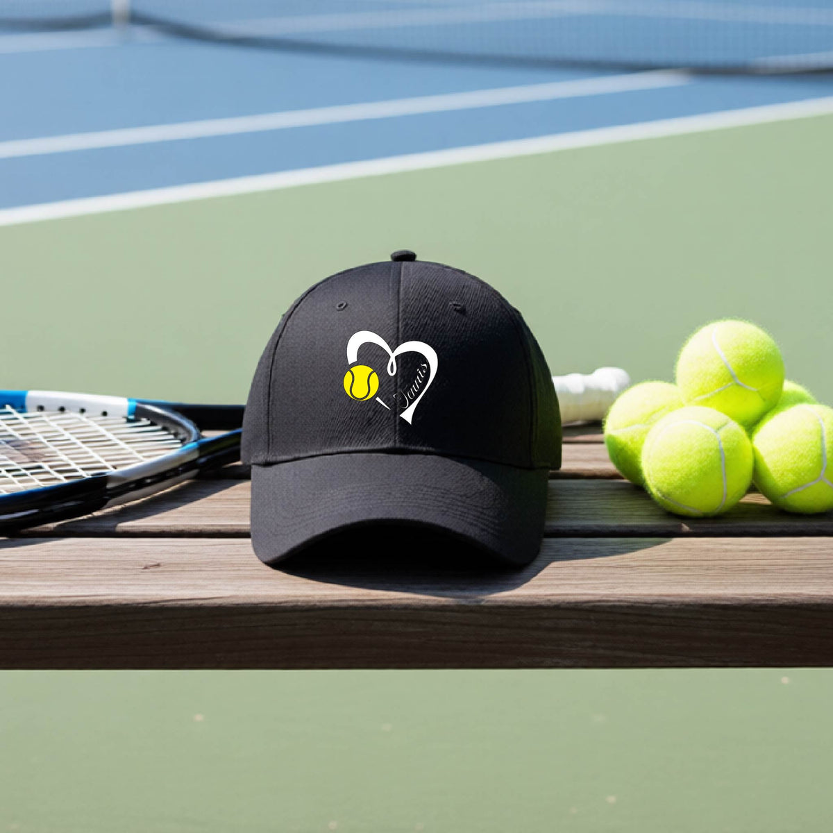 A black baseball cap with a white heart and tennis ball logo with 'Tennis' written in script inside the heart, on the front of the hat, resting on a wooden bench at a tennis court with tennis balls and a racket nearby.