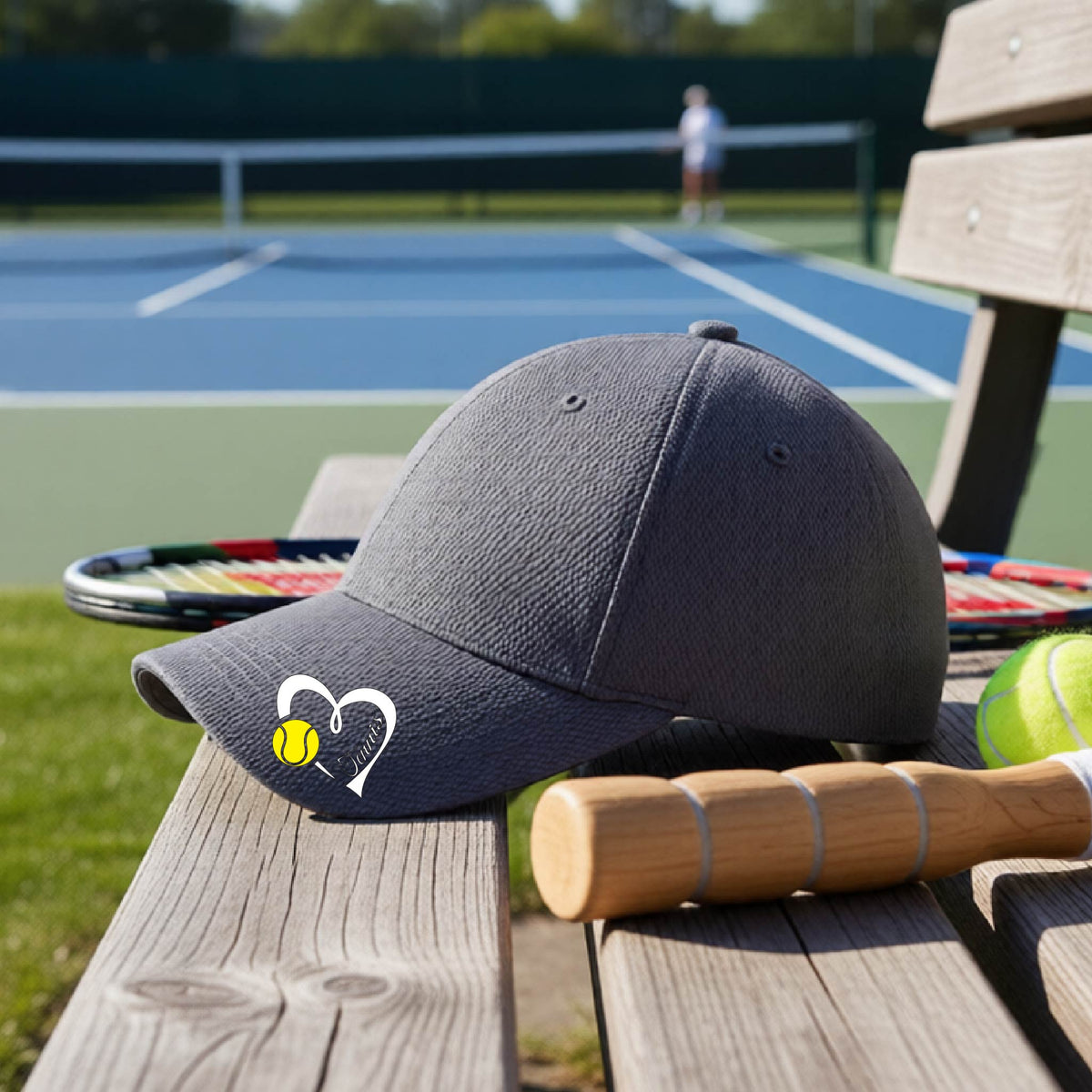 A graphite gray baseball cap with a white heart and tennis ball logo with 'Tennis' written in script inside the heart, on the brim of the hat, resting on a wooden bench at a tennis court with tennis balls and a racket nearby.