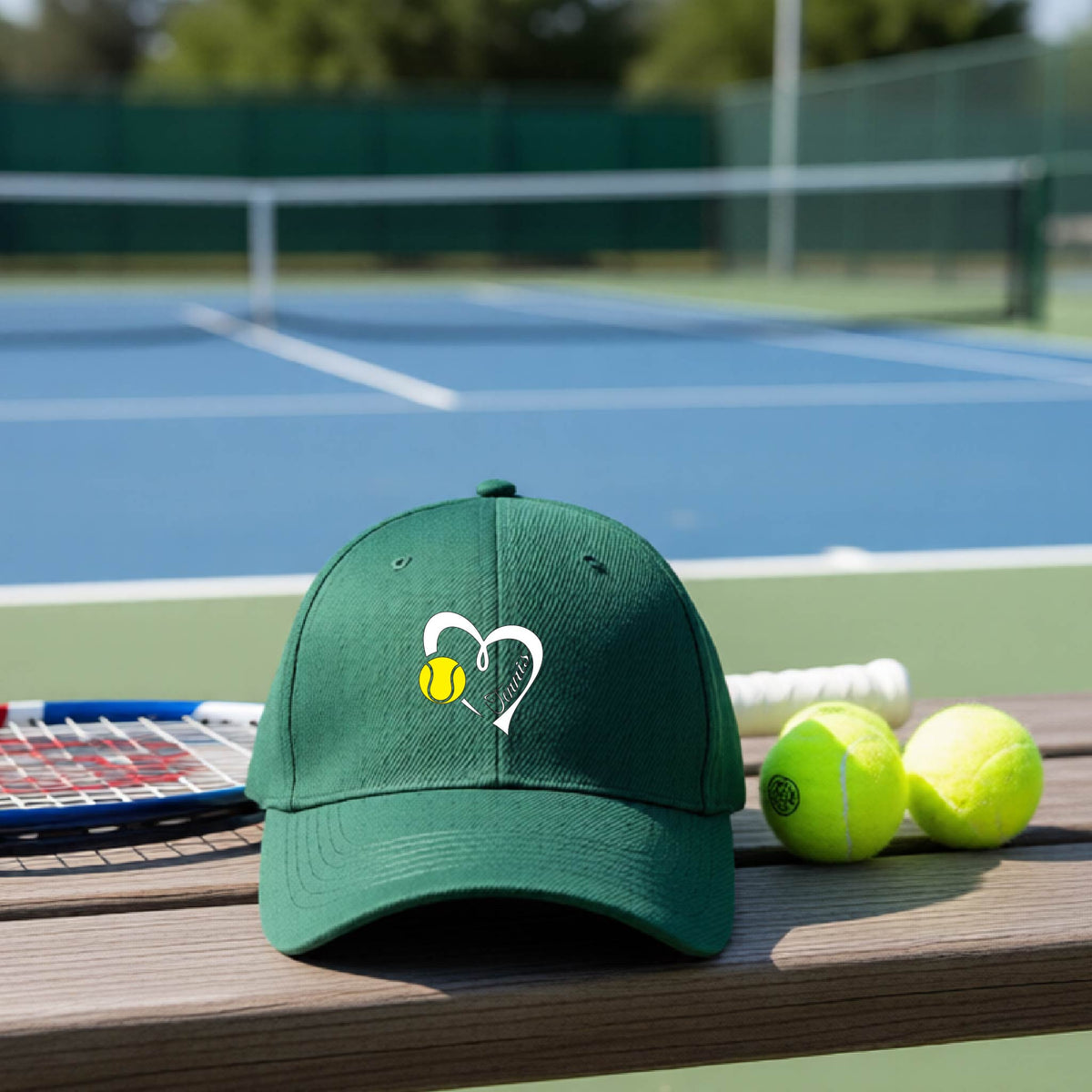 A green baseball cap with a white heart and tennis ball logo with 'Tennis' written in script inside the heart, on the front of the hat, resting on a wooden bench at a tennis court with tennis balls and a racket nearby.