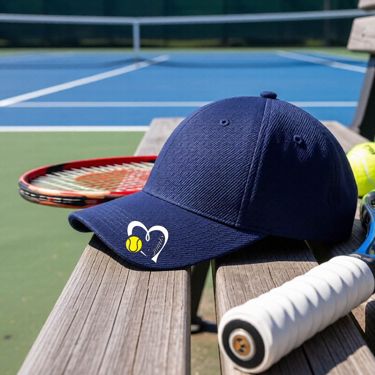 A navy blue baseball cap with a white heart and tennis ball logo with 'Tennis' written in script inside the heart, on the brim of the hat, resting on a wooden bench at a tennis court with tennis balls and a racket nearby.