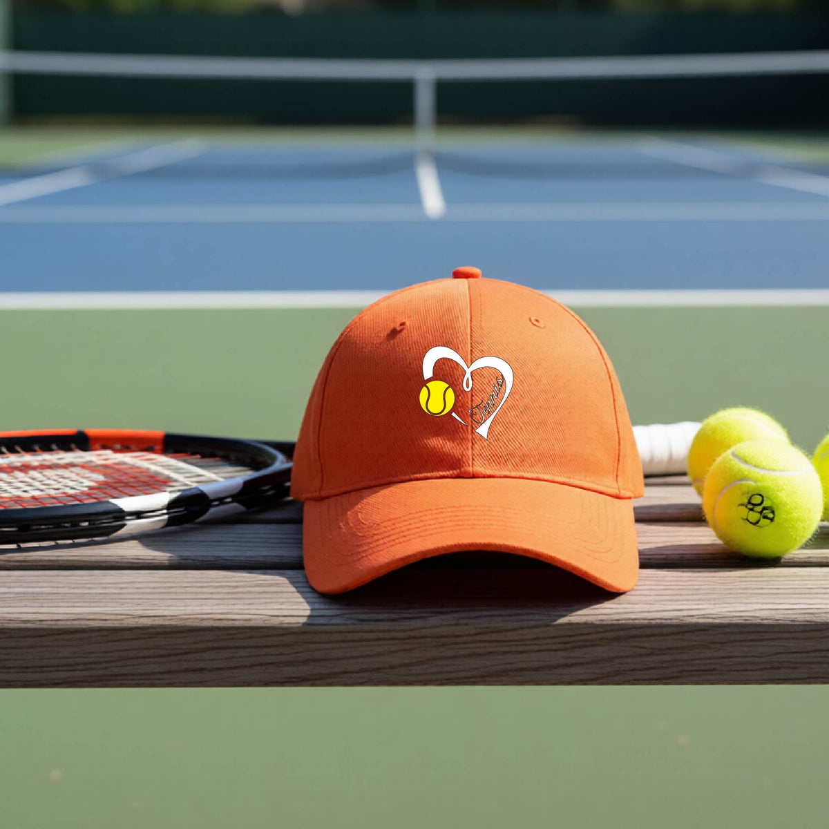 An orange baseball cap with a white heart and tennis ball logo with 'Tennis' written in script inside the heart, on the front of the hat, resting on a wooden bench at a tennis court with tennis balls and a racket nearby.