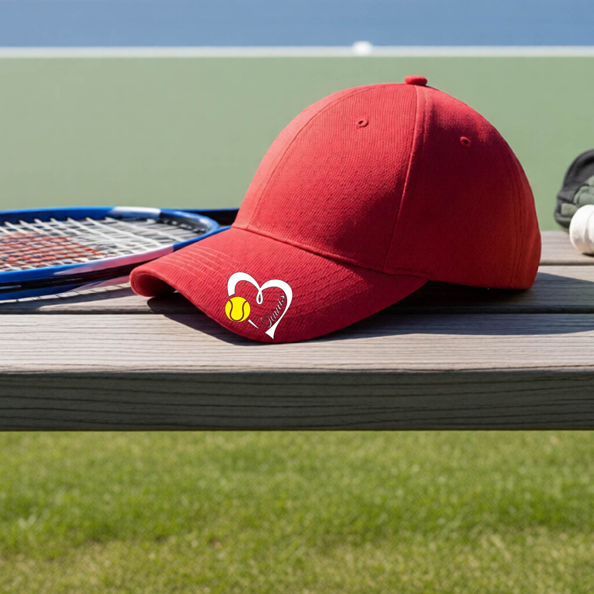 A red baseball cap with a white heart and tennis ball logo with 'Tennis' written in script inside the heart, on the brim of the hat, resting on a wooden bench at a tennis court with tennis balls and a racket nearby.
