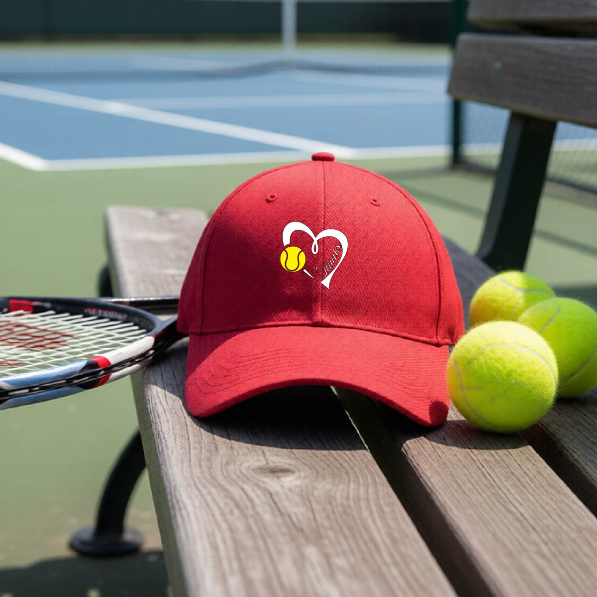 A red baseball cap with a white heart and tennis ball logo with 'Tennis' written in script inside the heart, on the front of the hat, resting on a wooden bench at a tennis court with tennis balls and a racket nearby.