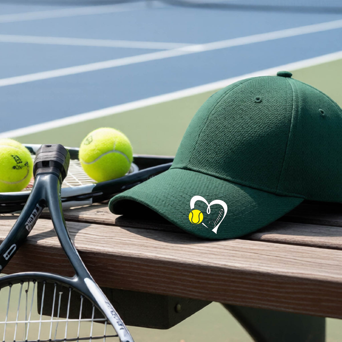 A green baseball cap with a white heart and tennis ball logo with 'Tennis' written in script inside the heart, on the brim of the hat, resting on a wooden bench at a tennis court with tennis balls and a racket nearby.