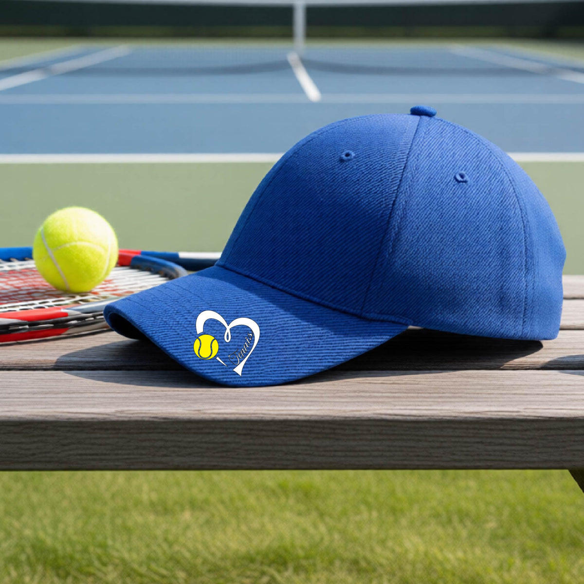 A royal blue baseball cap with a white heart and tennis ball logo with 'Tennis' written in script inside the heart, on the brim of the hat, resting on a wooden bench at a tennis court with tennis balls and a racket nearby.