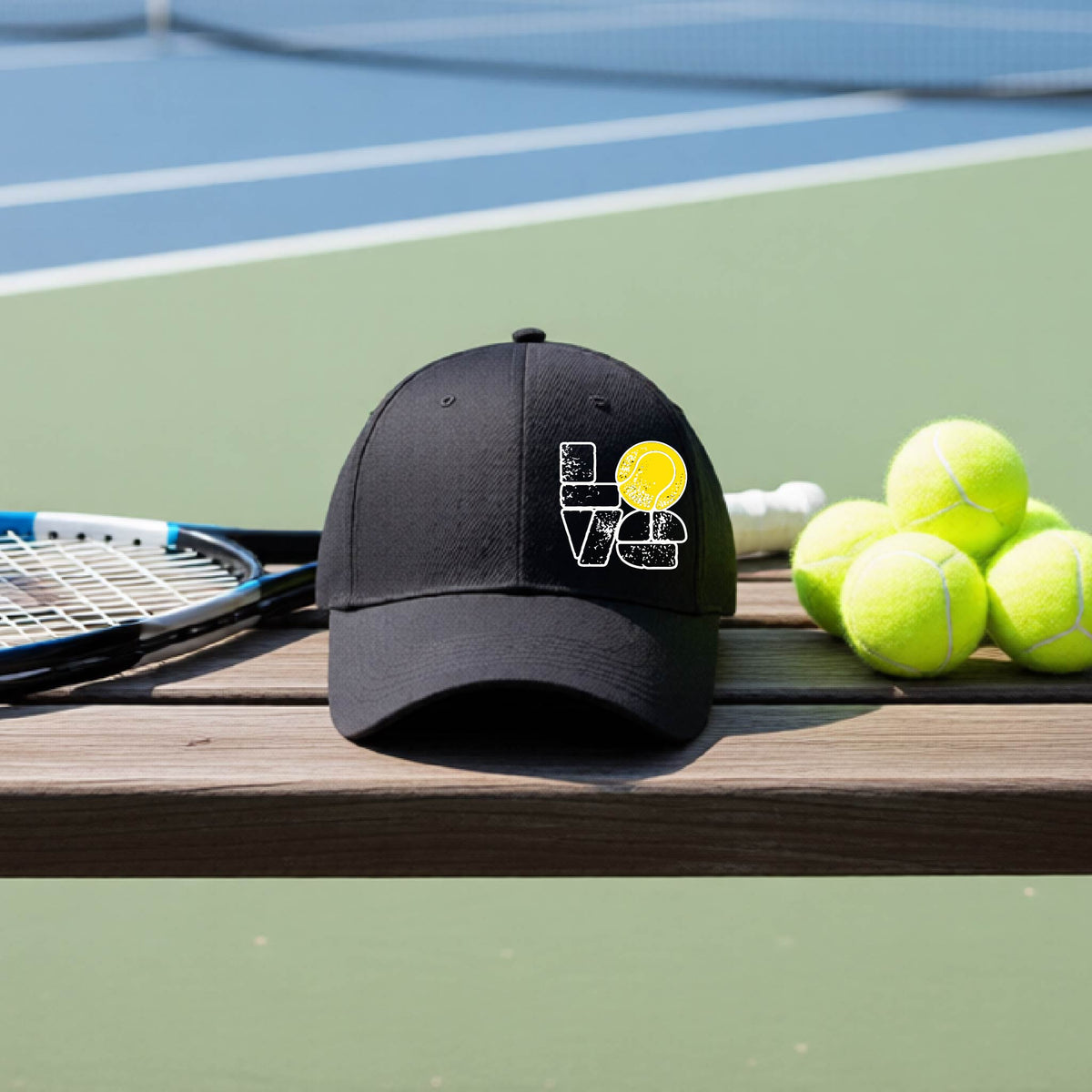 A black hat with a white and yellow tennis-themed graphic "LOVE" with a tennis ball replacing the O, sits on a wooden bench at a tennis court, with tennis balls and a racket in the background.