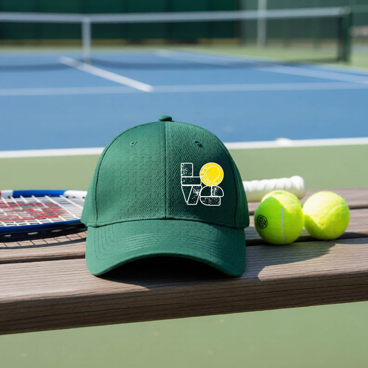 A green hat with a white and yellow tennis-themed graphic "LOVE" with a tennis ball replacing the O, sits on a wooden bench at a tennis court, with tennis balls and a racket in the background.