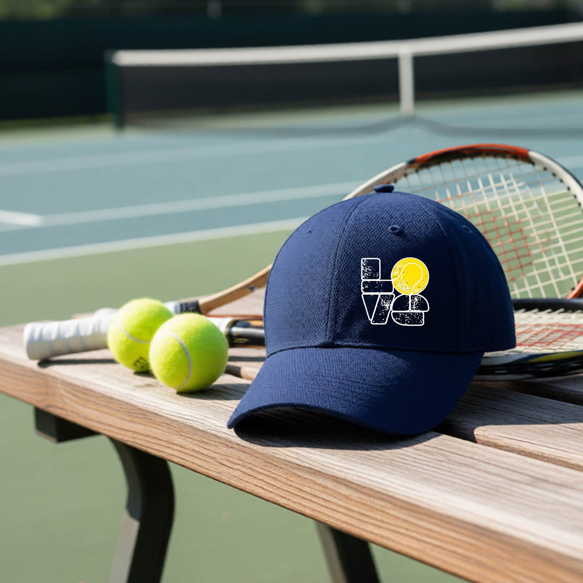 A navy blue hat with a white and yellow tennis-themed graphic "LOVE" with a tennis ball replacing the O, sits on a wooden bench at a tennis court, with tennis balls and a racket in the background.