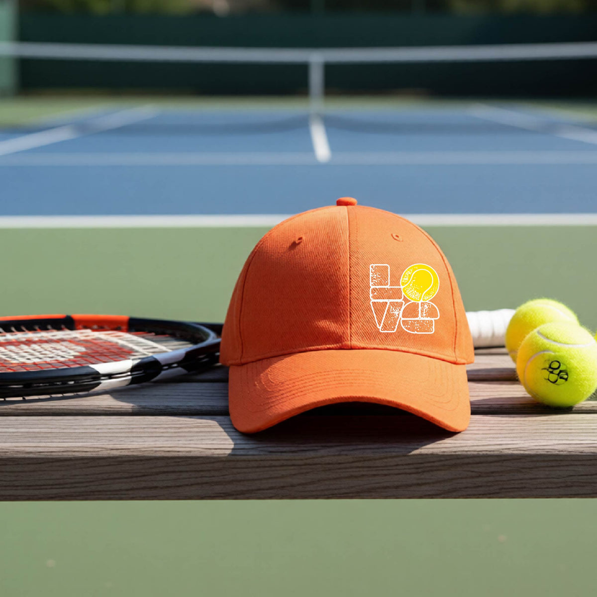 An orange hat with a white and yellow tennis-themed graphic "LOVE" with a tennis ball replacing the O, sits on a wooden bench at a tennis court, with tennis balls and a racket in the background.